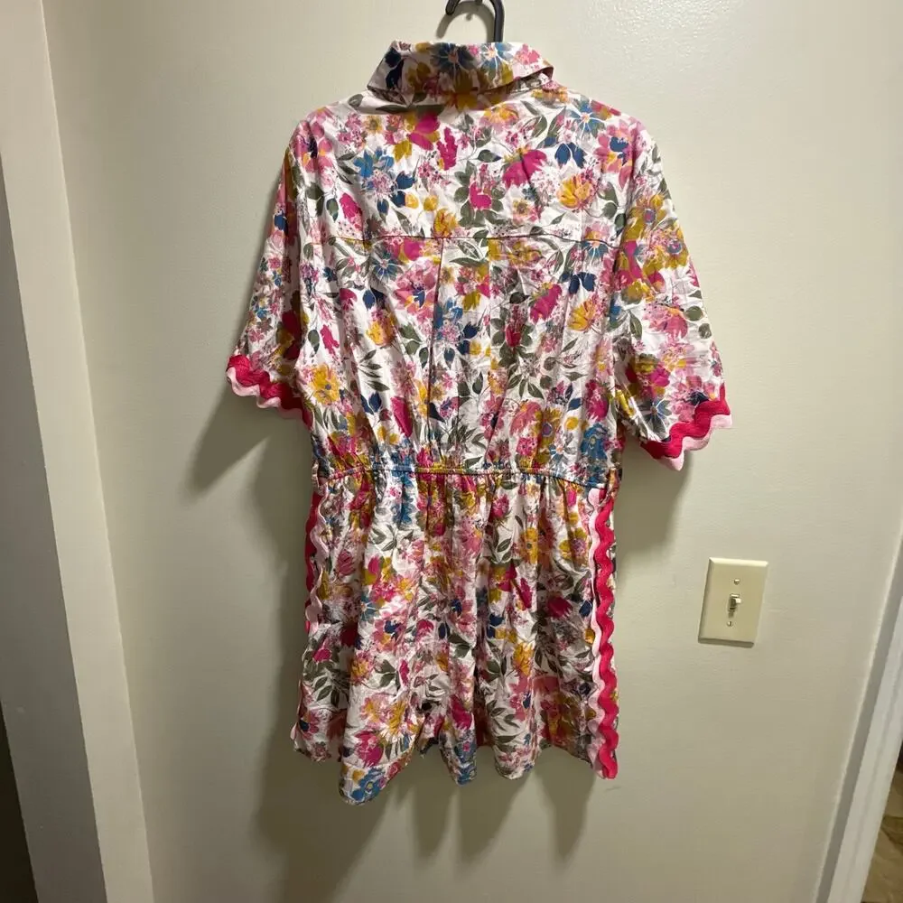 Entro Boutique | Preppy Summer Floral Ric Rac Trim Romper 100% Cotton Spring - Picture 10 of 13